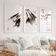 Misty Mountain Pine Triptych in Traditional Japanese Art - White Framed Poster with White Border - Artworksets