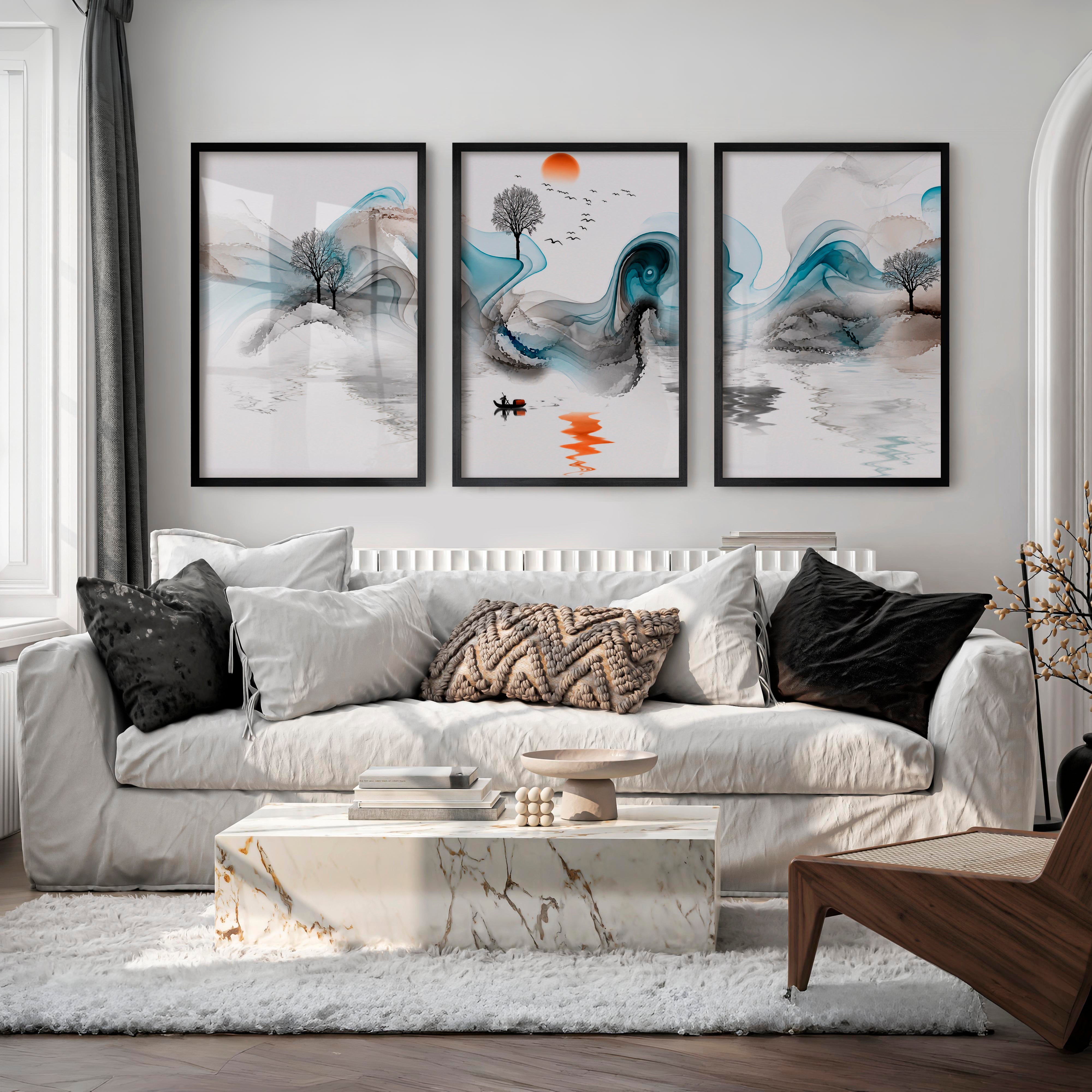 Traditional Japanese Art Featuring Pine Branches and Red Sun - Black Framed Poster No Border - Artworksets