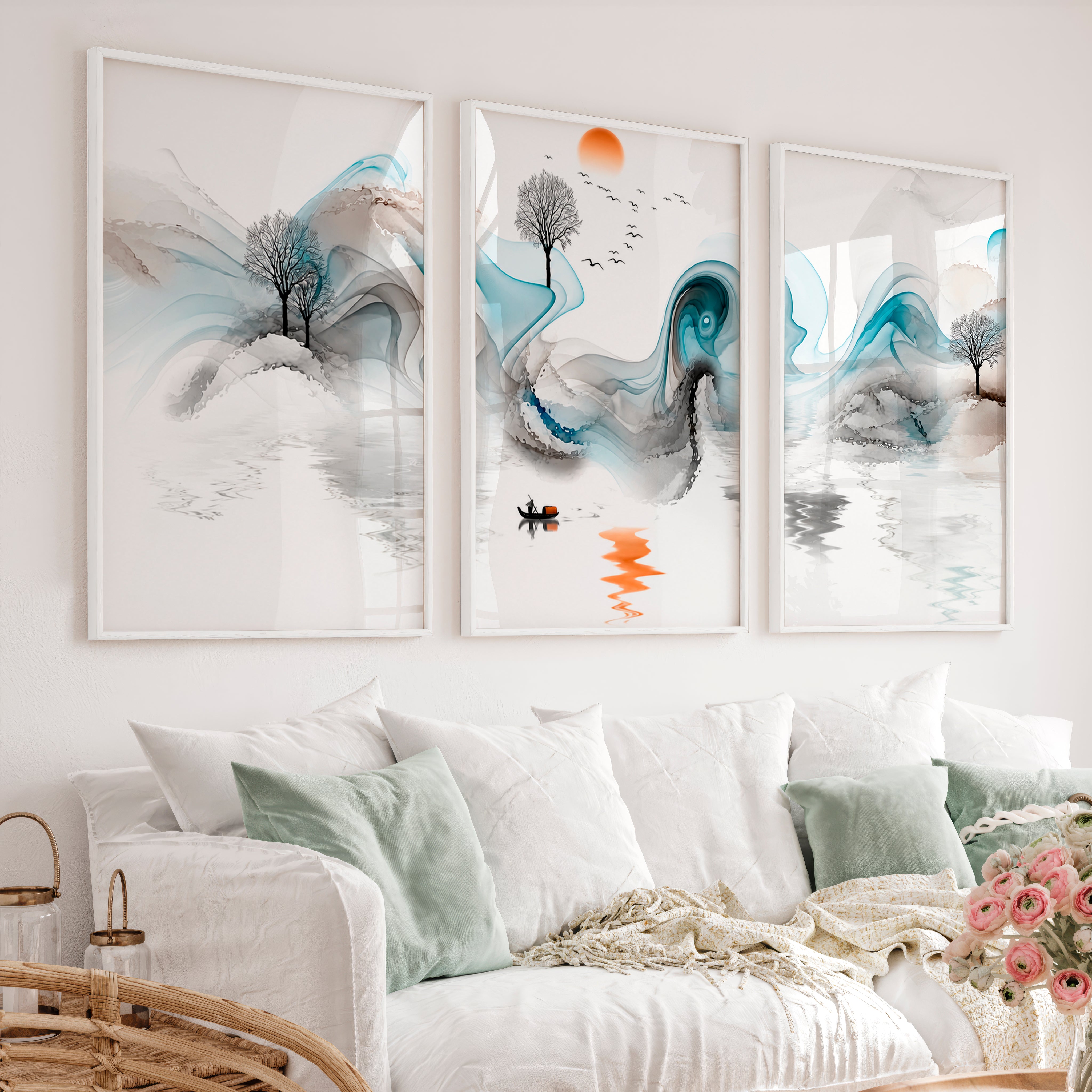 Traditional Japanese Art Featuring Pine Branches and Red Sun - White Framed Poster No Border - Artworksets