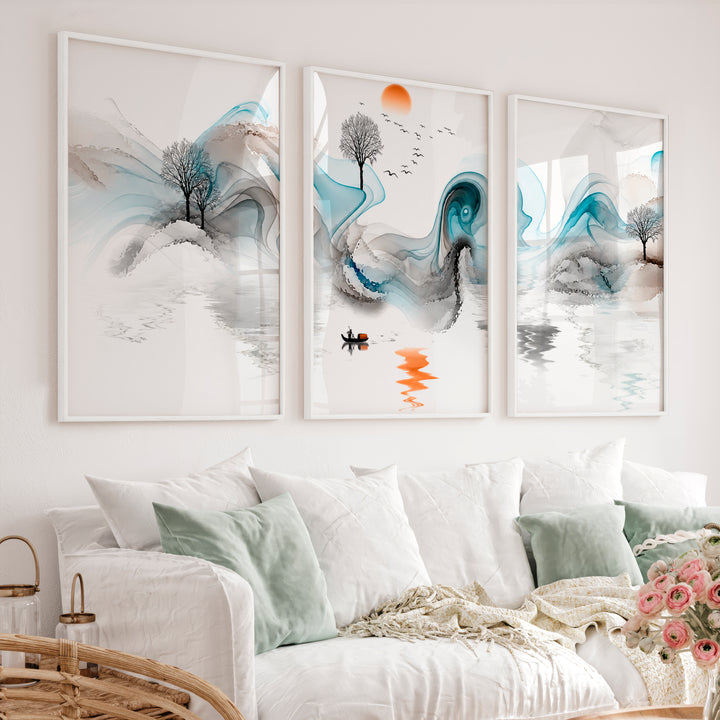 Traditional Japanese Art Featuring Pine Branches and Red Sun - White Framed Poster No Border - Artworksets