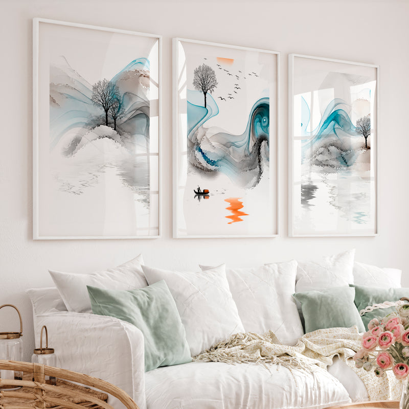 Traditional Japanese Art Featuring Pine Branches and Red Sun - White Framed Poster with White Border - Artworksets