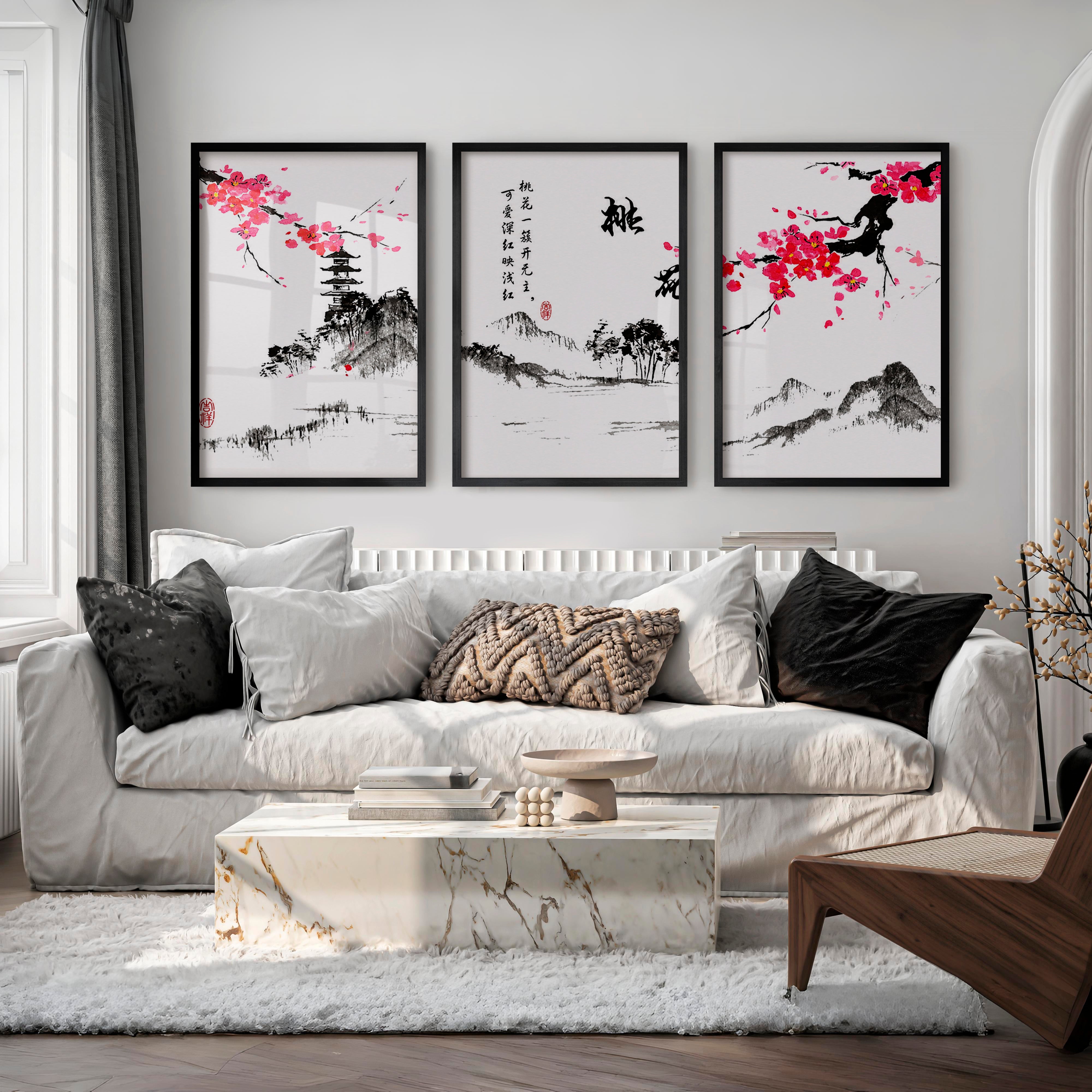 Traditional Japanese Art Featuring an Ancient Pine Tree - Black Framed Poster No Border - Artworksets