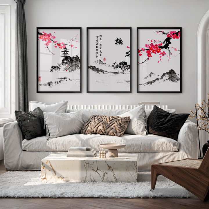 Traditional Japanese Art Featuring an Ancient Pine Tree - Black Framed Poster No Border - Artworksets