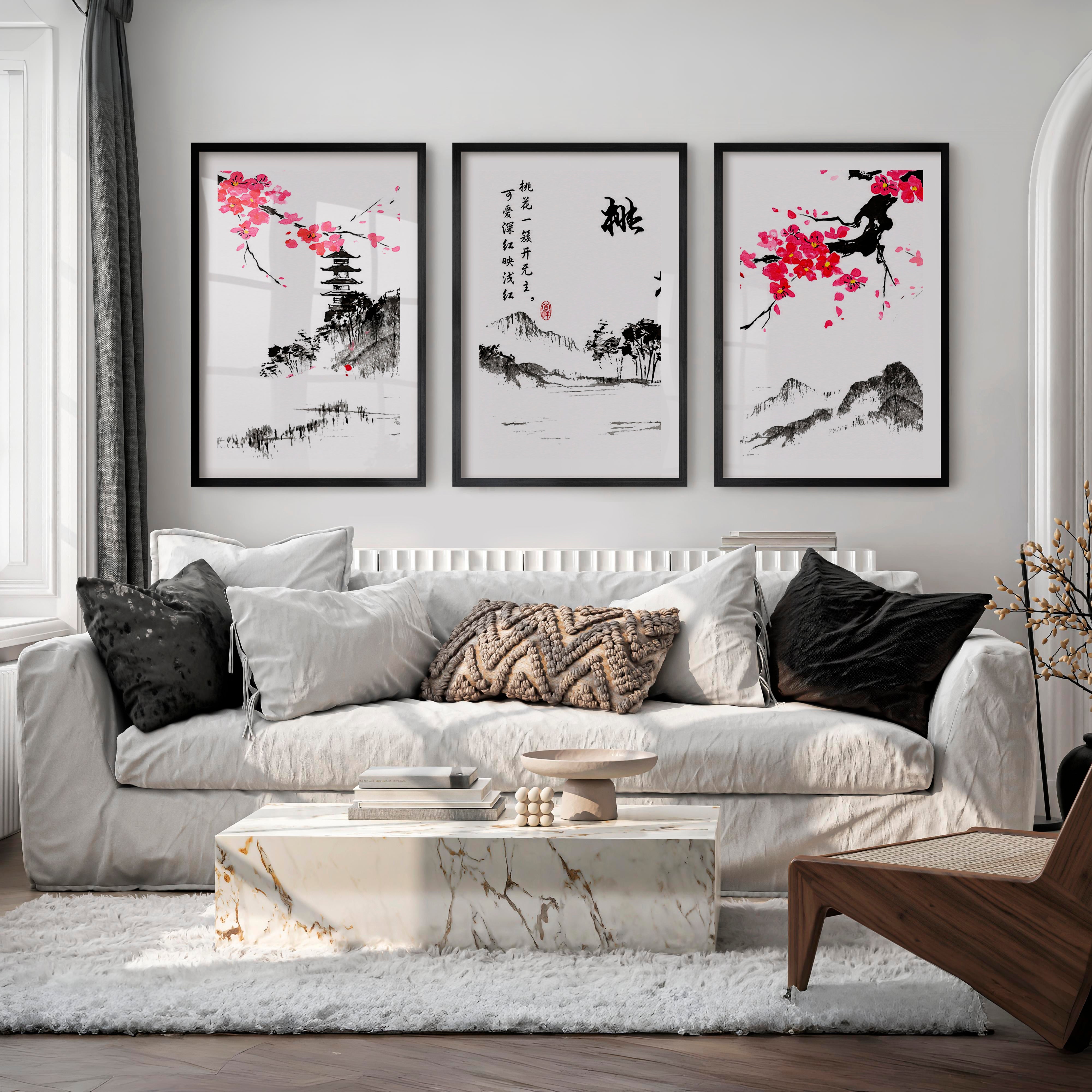 Traditional Japanese Art Featuring an Ancient Pine Tree - Black Framed Poster with White Border - Artworksets