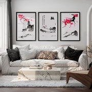 Traditional Japanese Art Featuring an Ancient Pine Tree - Black Framed Poster with White Border - Artworksets