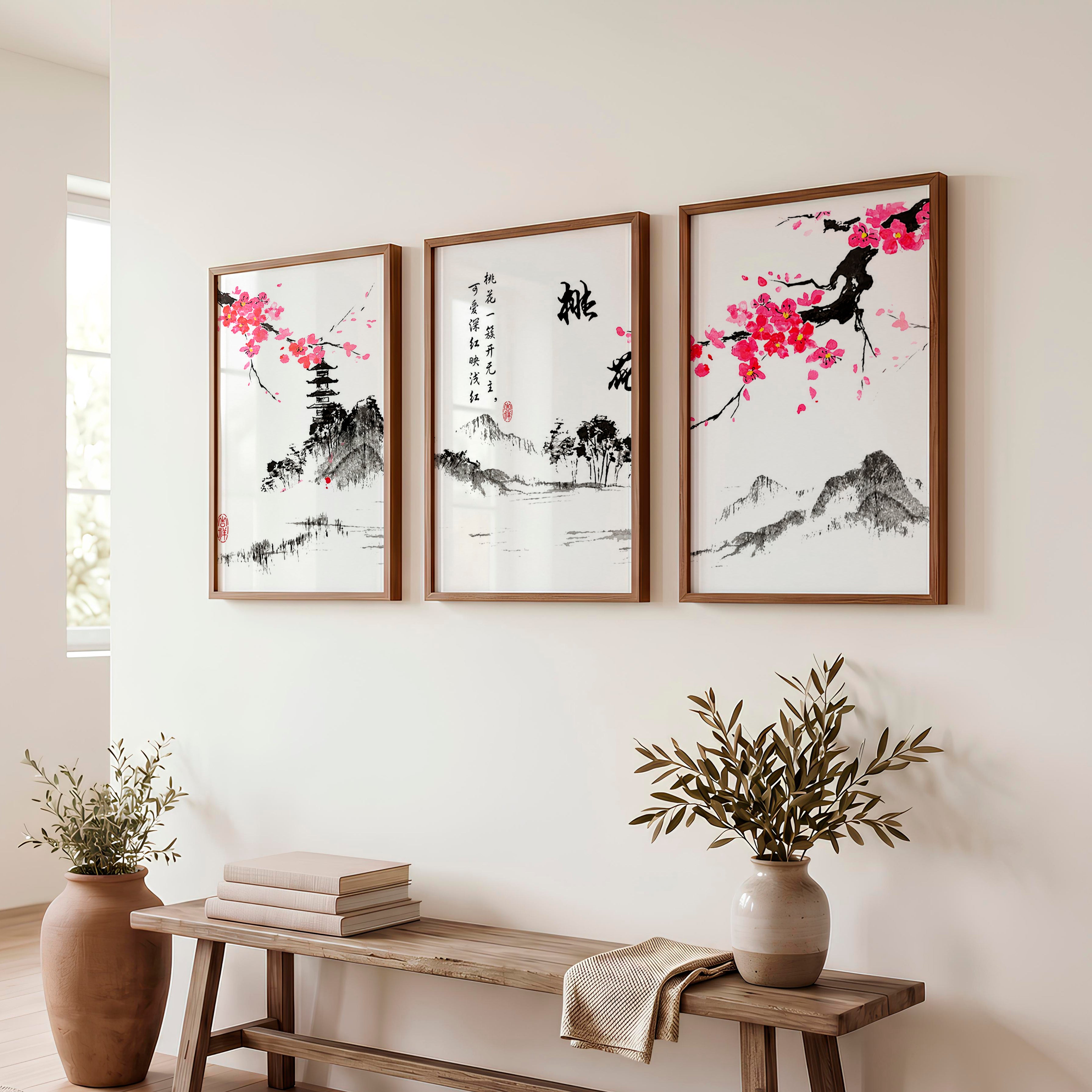 Traditional Japanese Art Featuring an Ancient Pine Tree - Dark Brown Framed Poster No Border - Artworksets