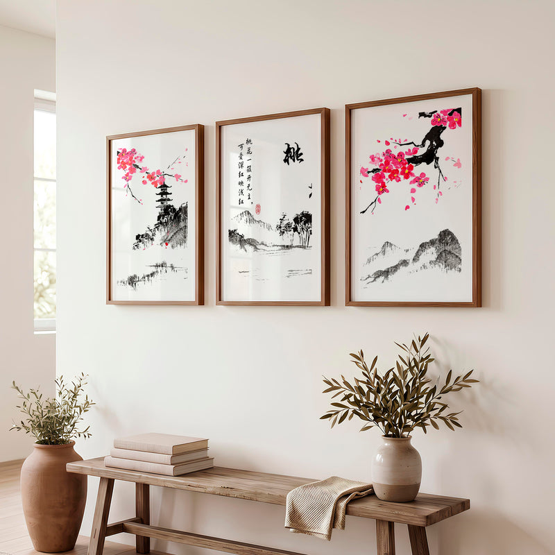 Traditional Japanese Art Featuring an Ancient Pine Tree - Dark Brown Framed Poster with White Border - Artworksets