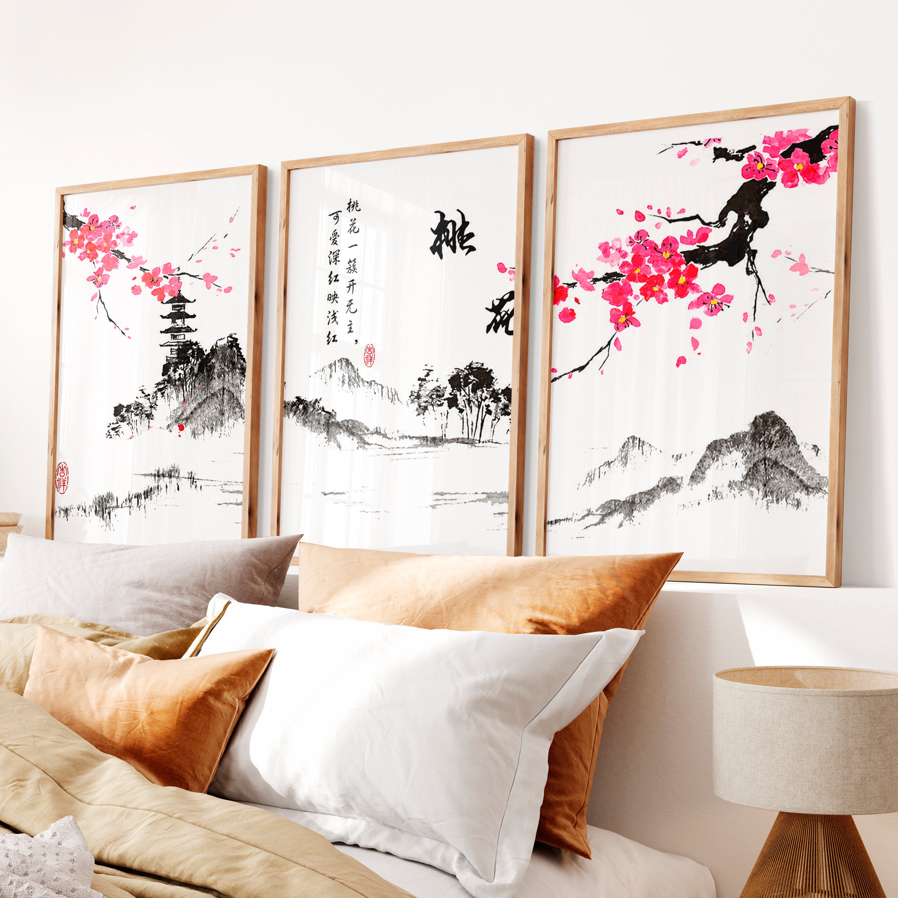 Traditional Japanese Art Featuring an Ancient Pine Tree - Natural Wood Framed Poster No Border - Artworksets