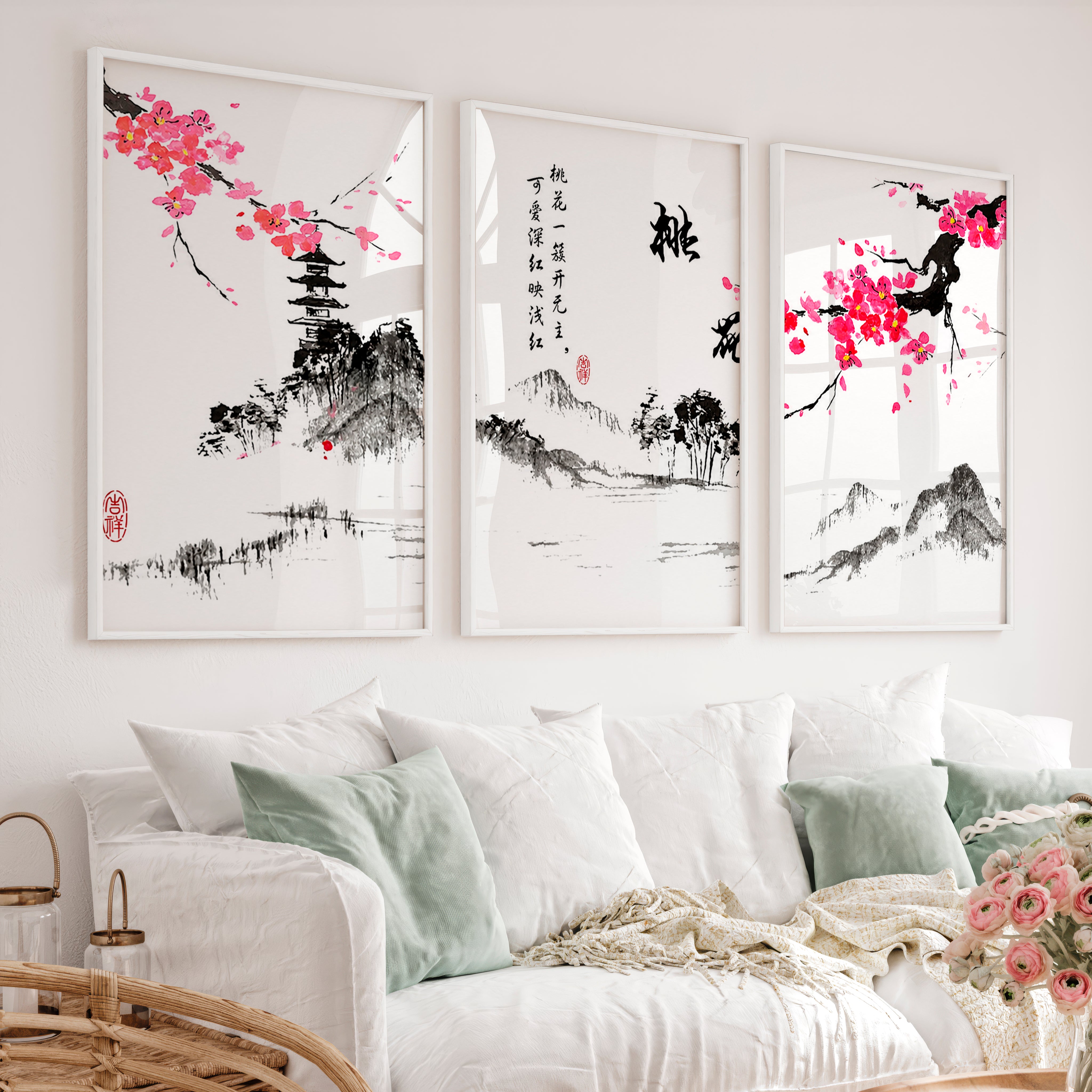 Traditional Japanese Art Featuring an Ancient Pine Tree - White Framed Poster No Border - Artworksets