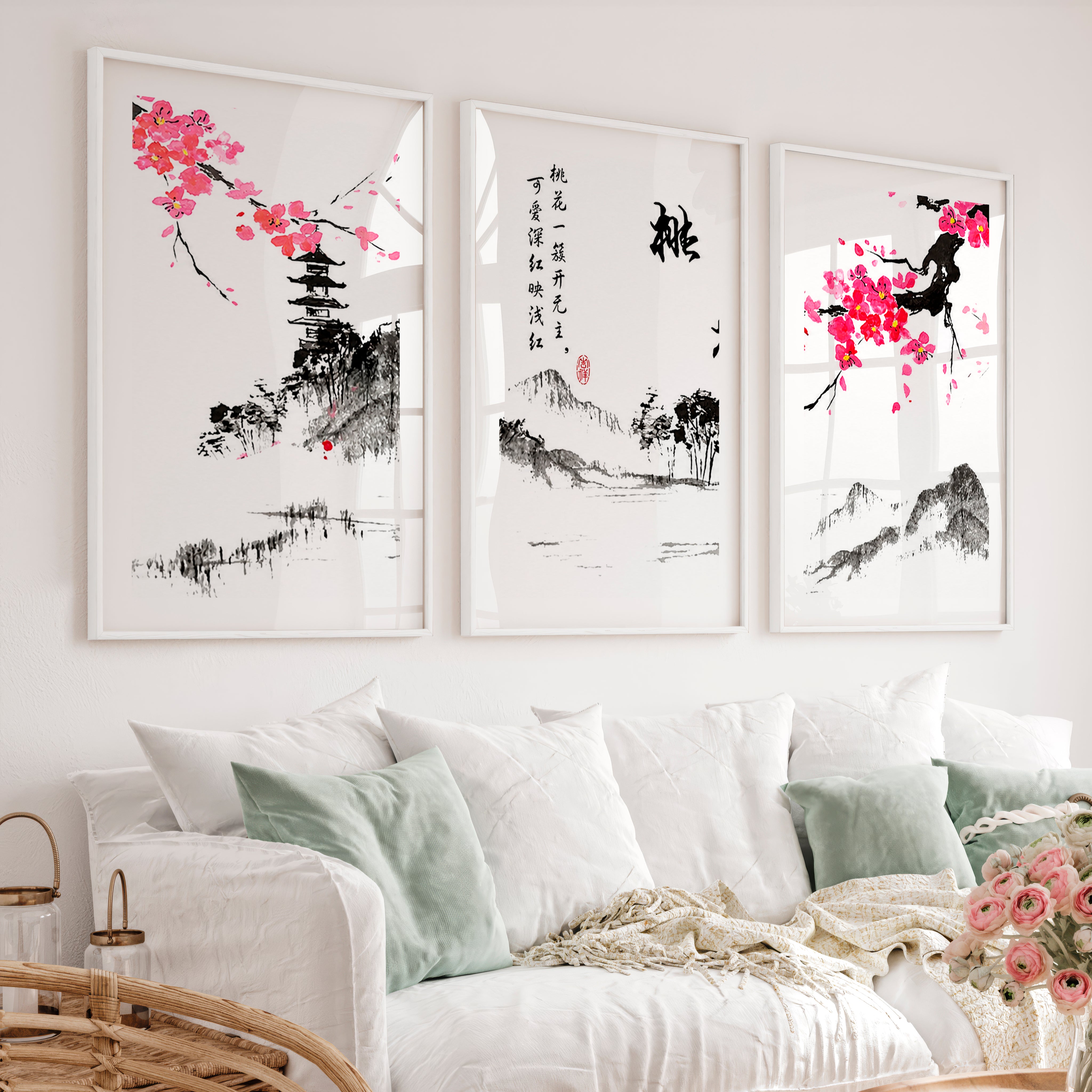 Traditional Japanese Art Featuring an Ancient Pine Tree - White Framed Poster with White Border - Artworksets