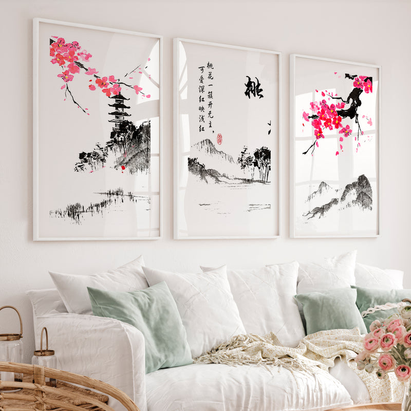 Traditional Japanese Art Featuring an Ancient Pine Tree - White Framed Poster with White Border - Artworksets