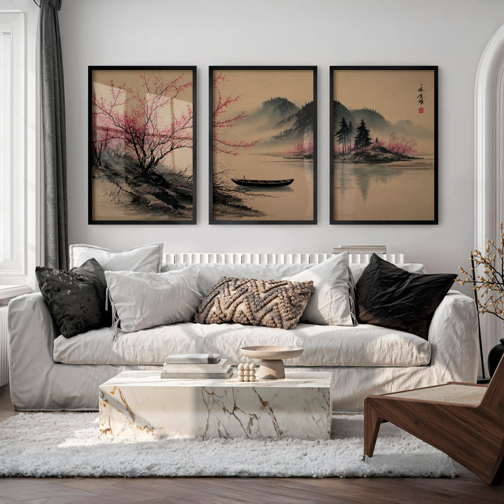 Traditional Japanese Art Featuring Rocky Outcrops and Pine Trees - Black Framed Poster No Border - Artworksets