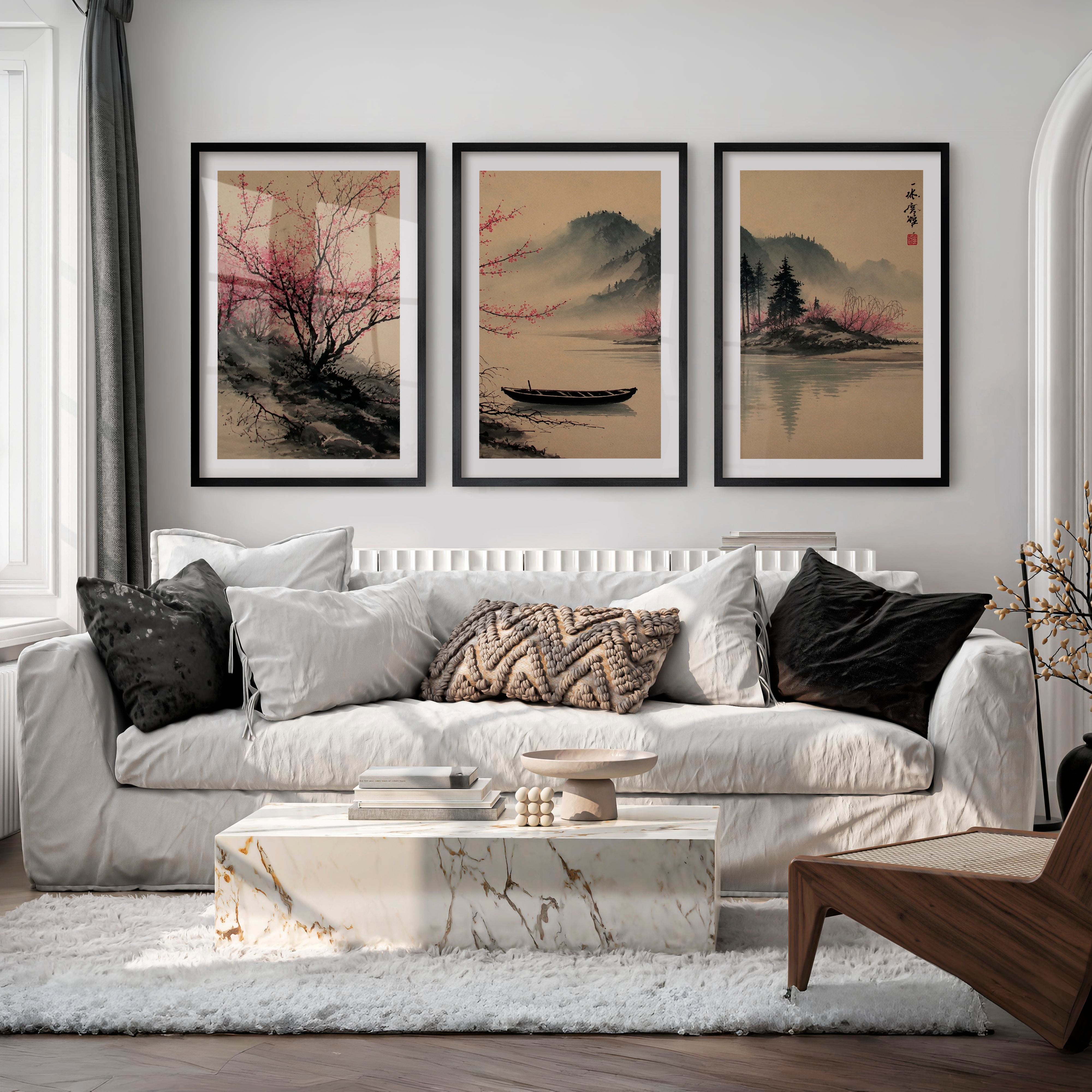 Traditional Japanese Art Featuring Rocky Outcrops and Pine Trees - Black Framed Poster with White Border - Artworksets