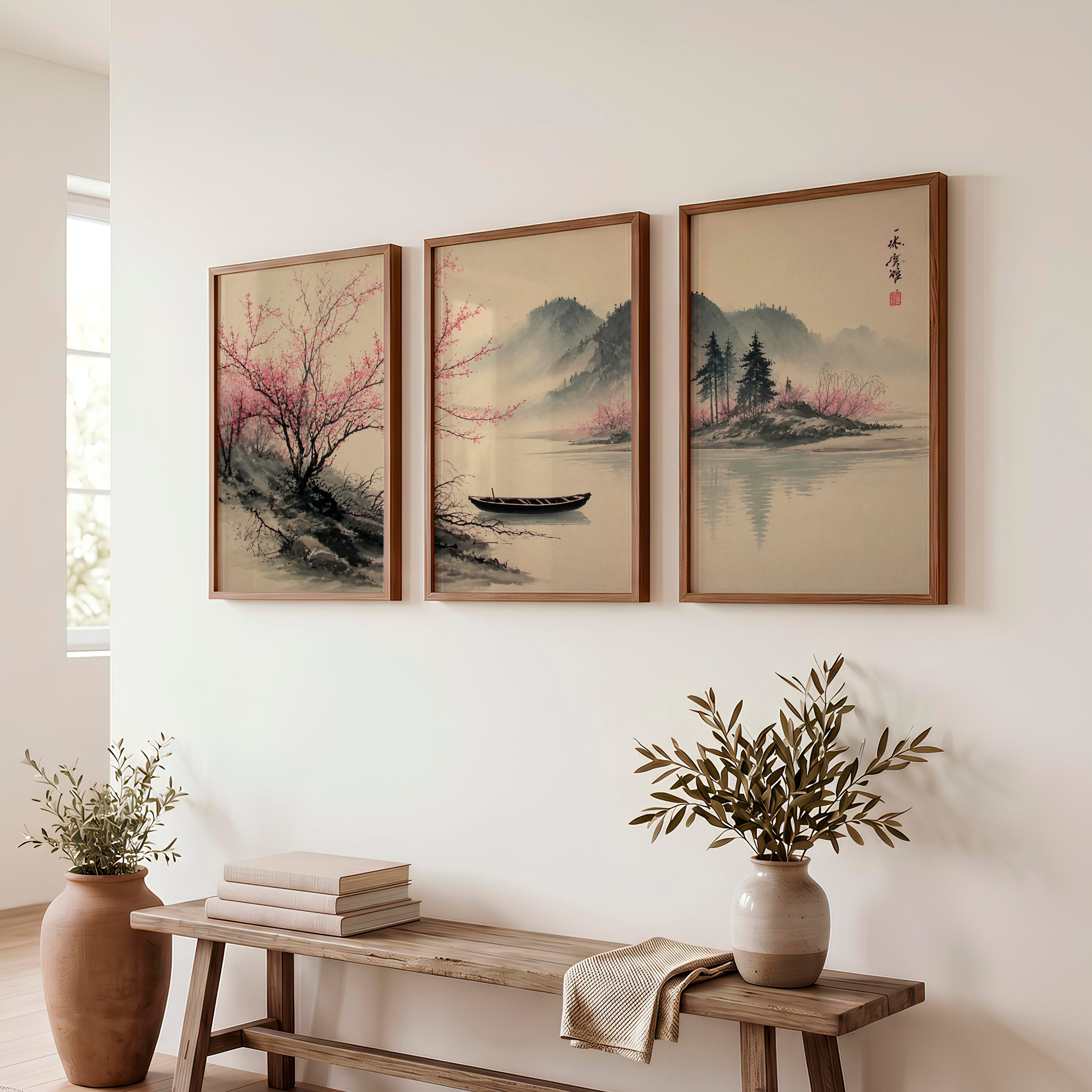 Traditional Japanese Art Featuring Rocky Outcrops and Pine Trees - Dark Brown Framed Poster No Border - Artworksets