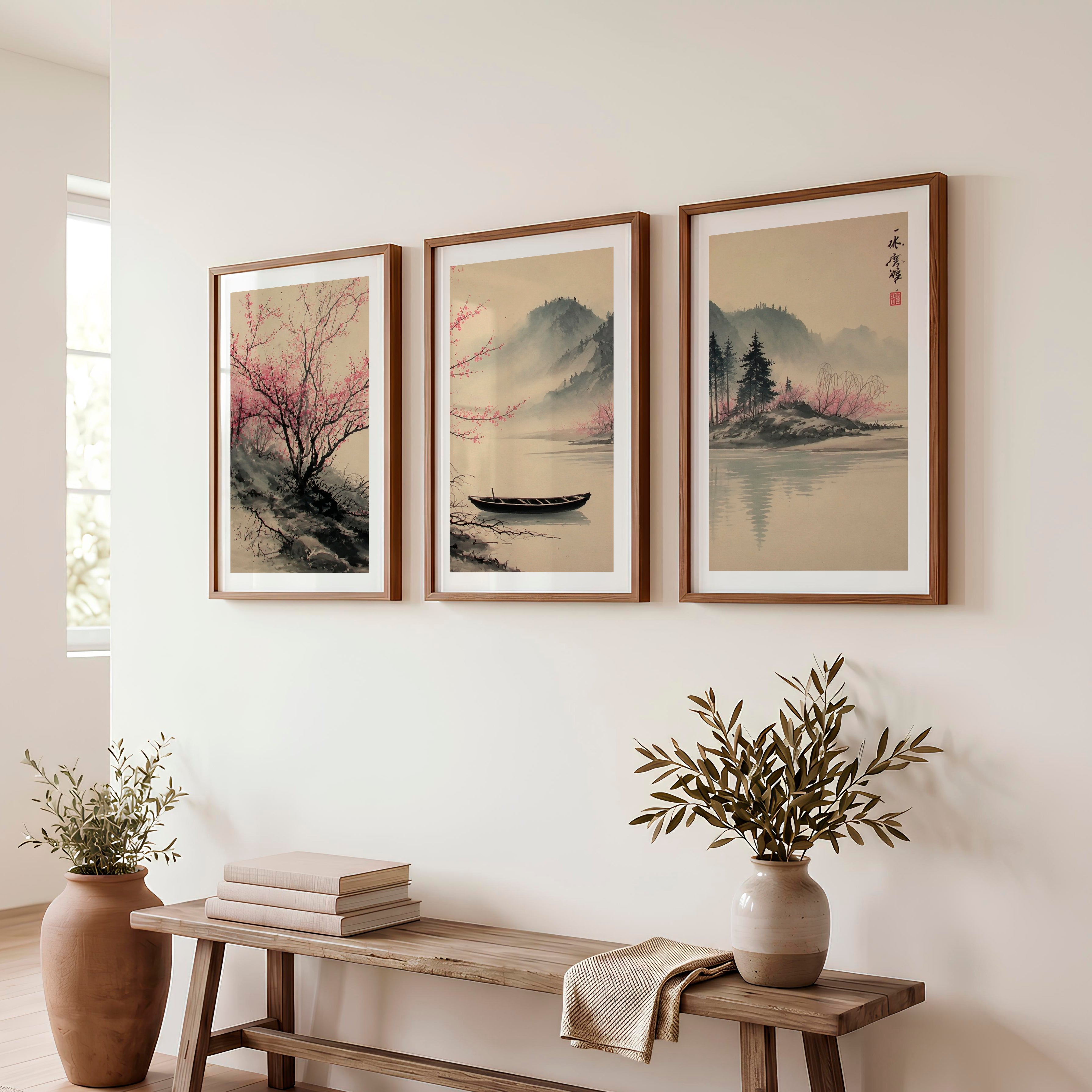 Traditional Japanese Art Featuring Rocky Outcrops and Pine Trees - Dark Brown Framed Poster with White Border - Artworksets