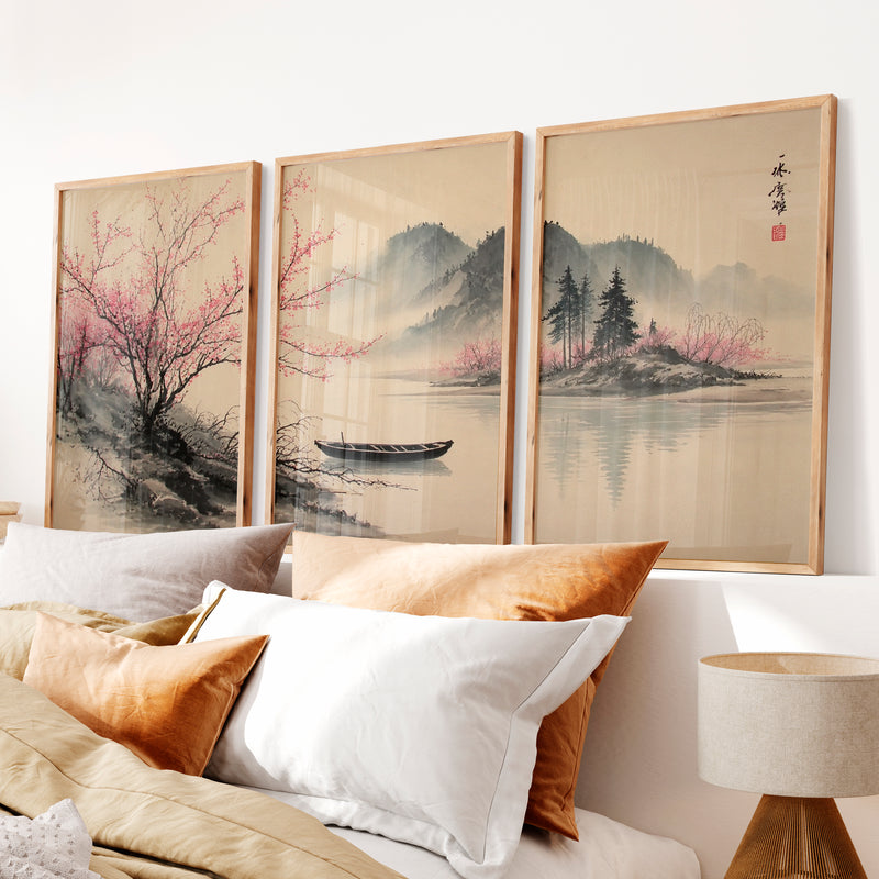Traditional Japanese Art Featuring Rocky Outcrops and Pine Trees - Natural Wood Framed Poster No Border - Artworksets