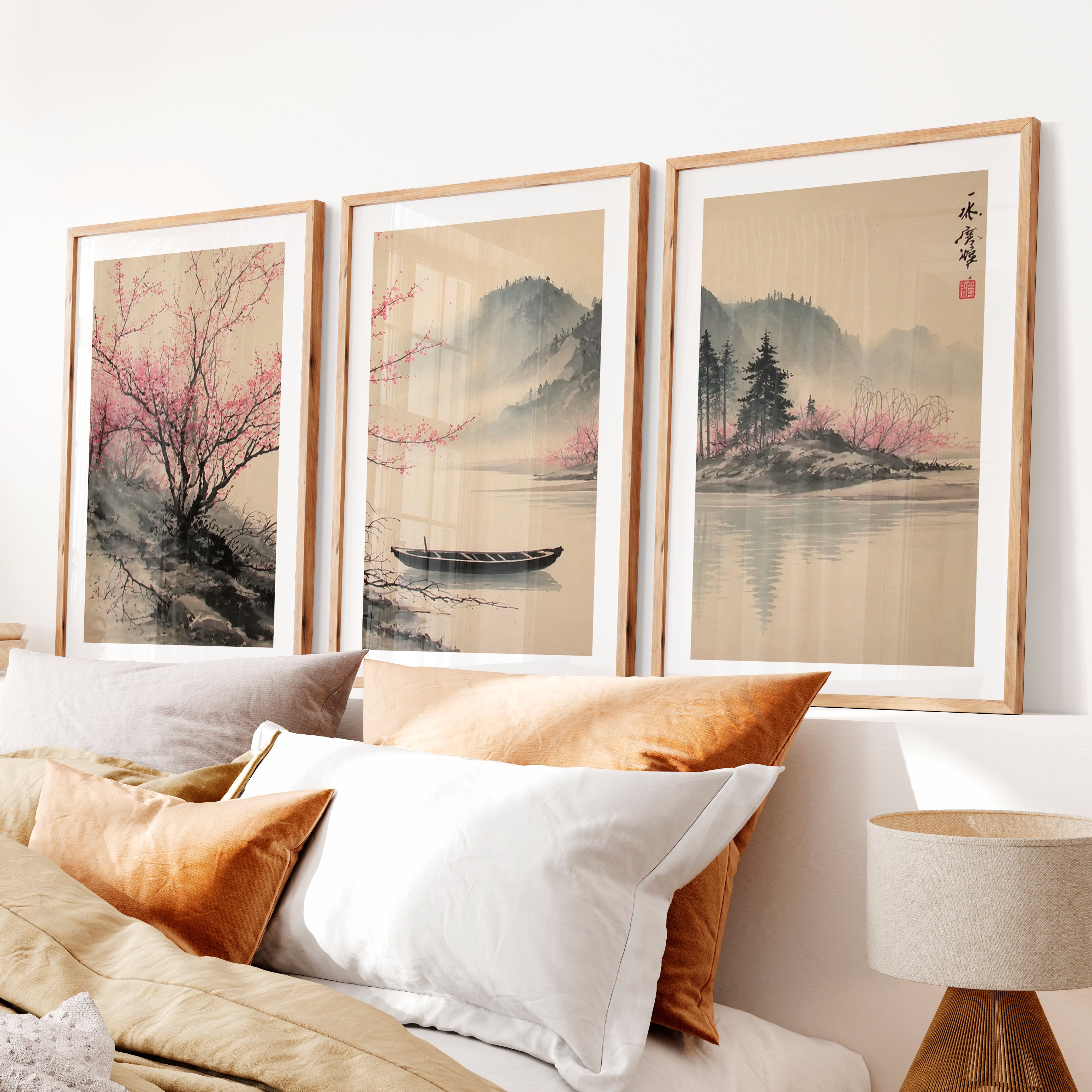 Traditional Japanese Art Featuring Rocky Outcrops and Pine Trees- Natural Wood Framed Poster with White Border - Artworksets