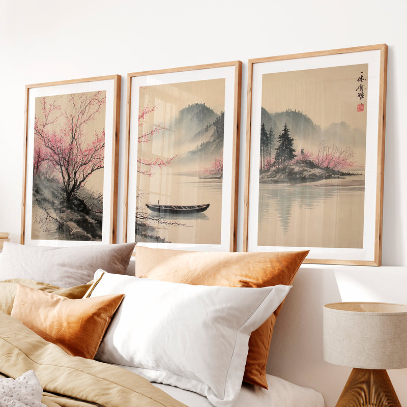 Traditional Japanese Art Featuring Rocky Outcrops and Pine Trees- Natural Wood Framed Poster with White Border - Artworksets