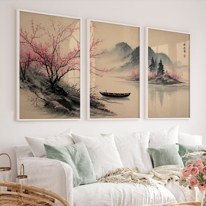Traditional Japanese Art Featuring Rocky Outcrops and Pine Trees - White Framed Poster No Border - Artworksets