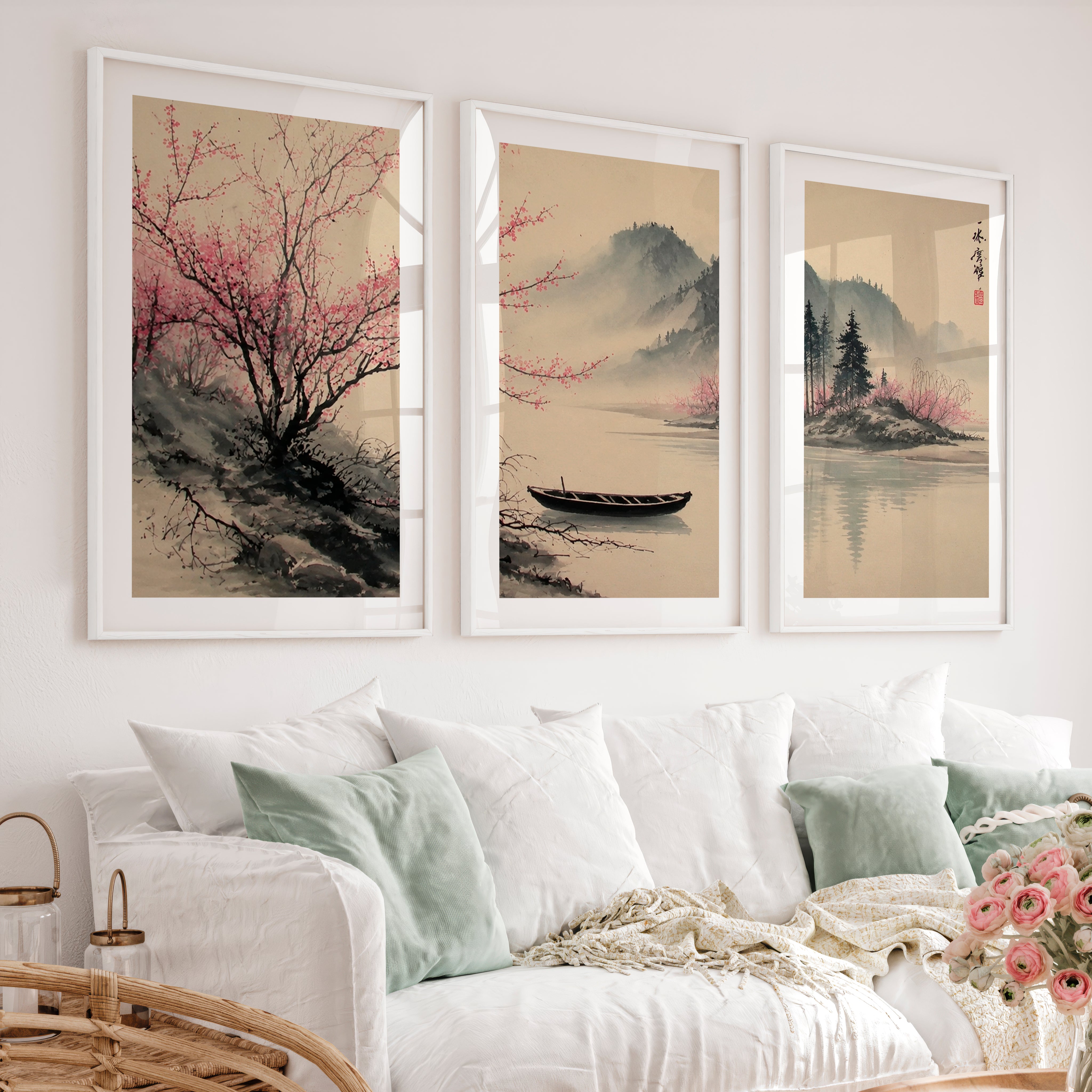 Traditional Japanese Art Featuring Rocky Outcrops and Pine Trees - White Framed Poster with White Border - Artworksets