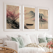 Traditional Japanese Art Featuring Rocky Outcrops and Pine Trees - White Framed Poster with White Border - Artworksets