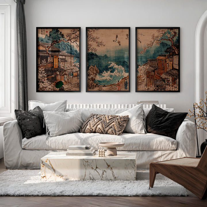Elegant traditional japanese art featuring smooth stones on raked sand - Black Framed Poster No Border - Artworksets