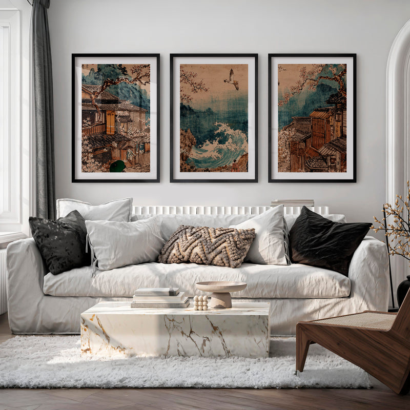 Elegant traditional japanese art featuring smooth stones on raked sand - Black Framed Poster with White Border - Artworksets