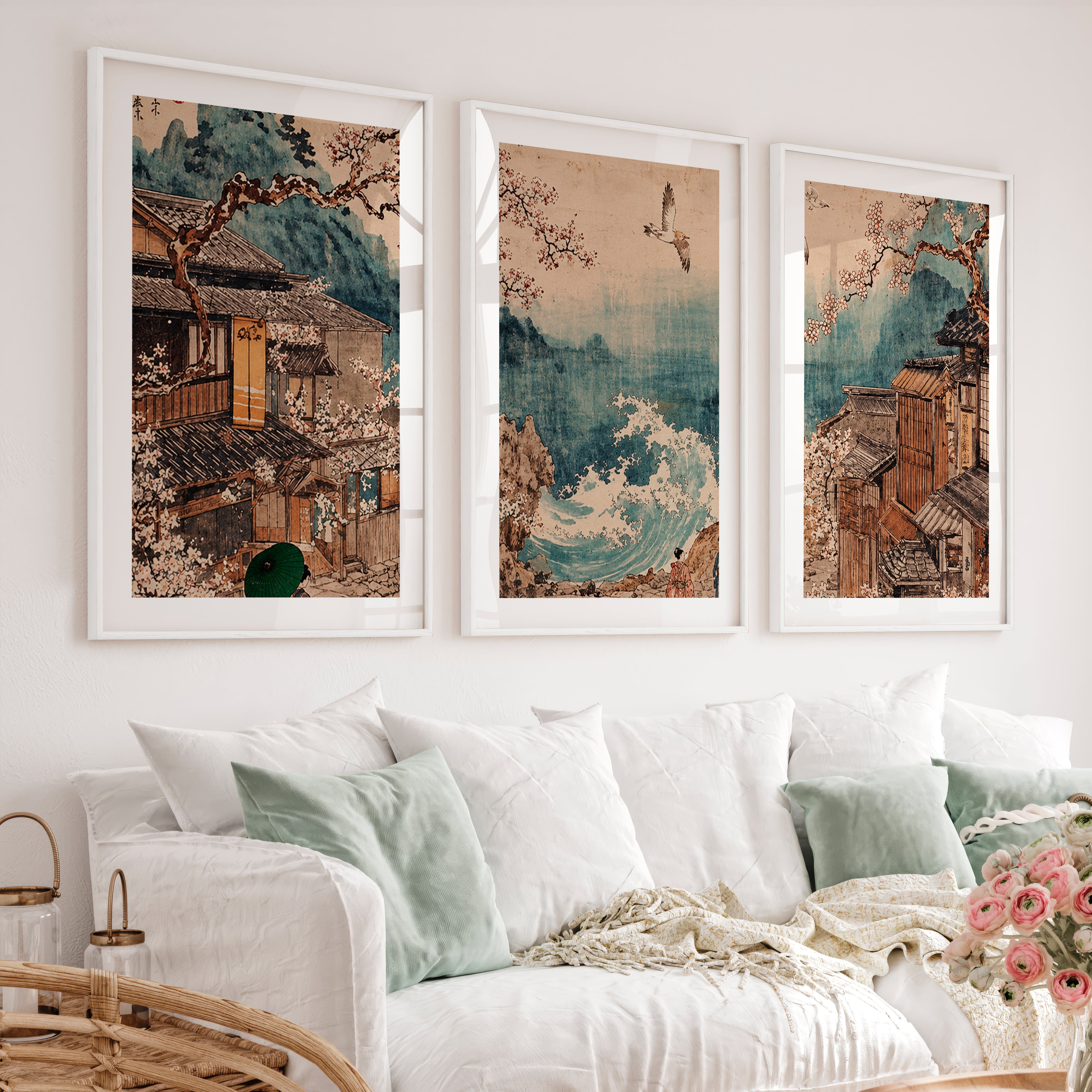 Elegant traditional japanese art featuring smooth stones on raked sand - White Framed Poster with White Border - Artworksets