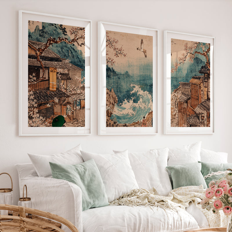 Elegant traditional japanese art featuring smooth stones on raked sand - White Framed Poster with White Border - Artworksets