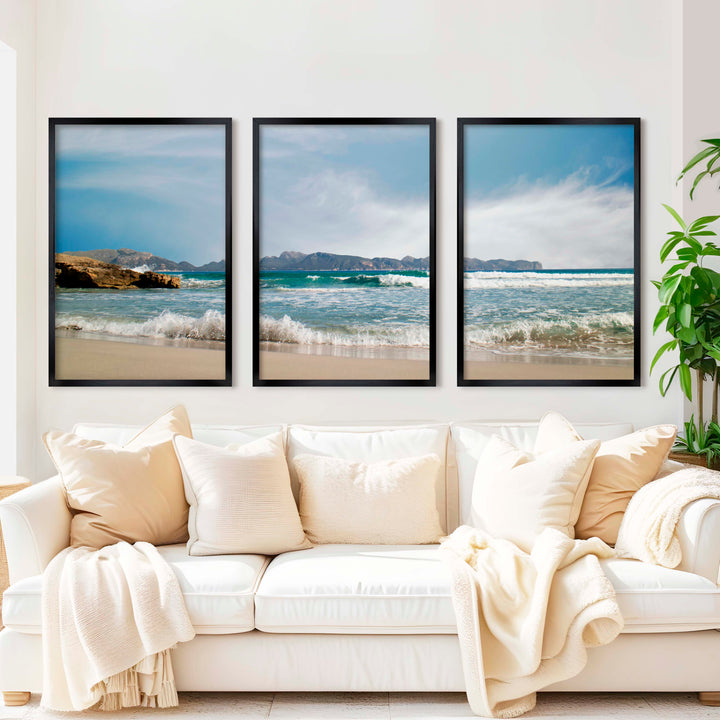 Triple Wall Art – Coastal Waves and Island Horizon - Black Framed Poster No Border - Artworksets