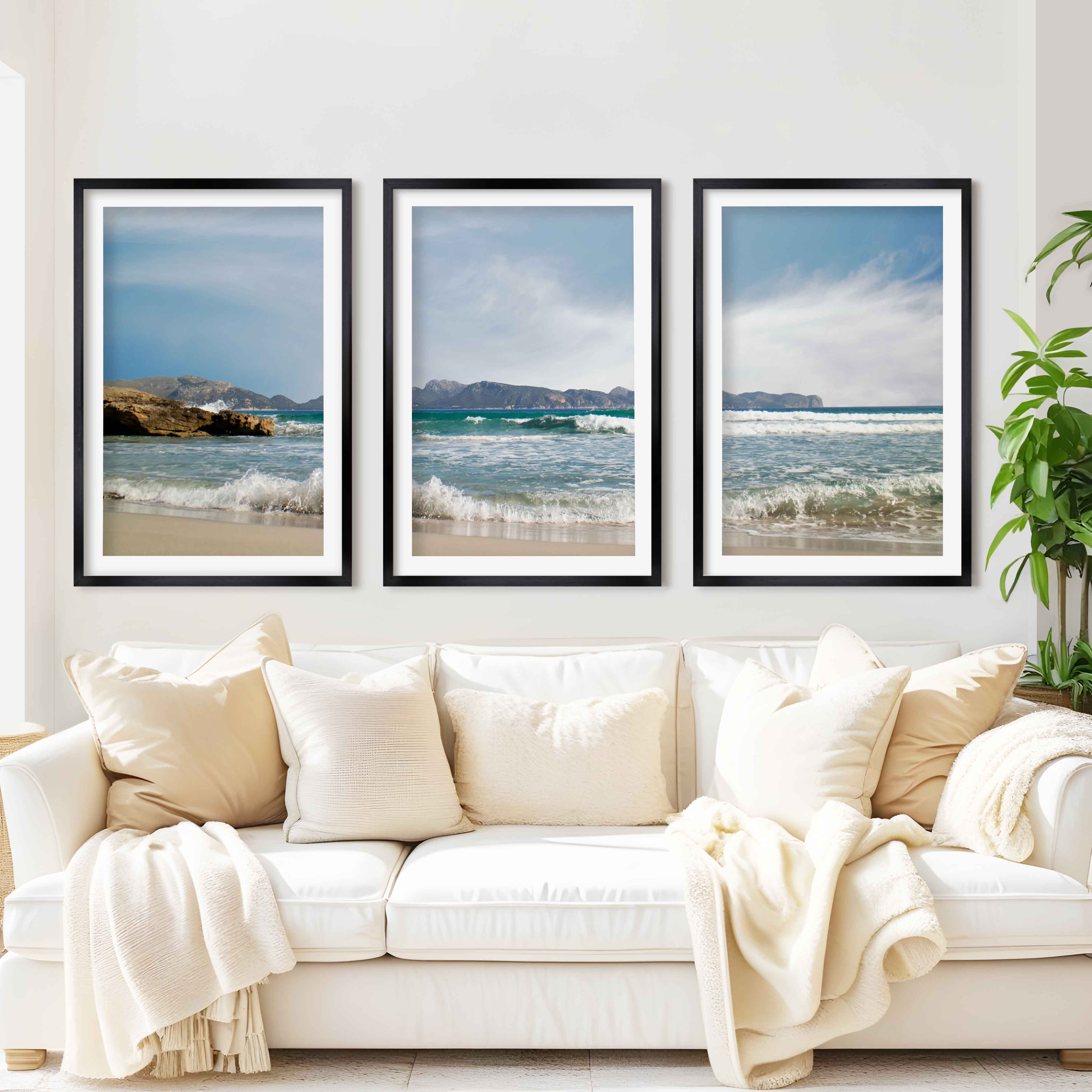 Triple Wall Art – Coastal Waves and Island Horizon - Black Framed Poster with White Border - Artworksets