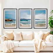 Triple Wall Art – Coastal Waves and Island Horizon - Black Framed Poster with White Border - Artworksets