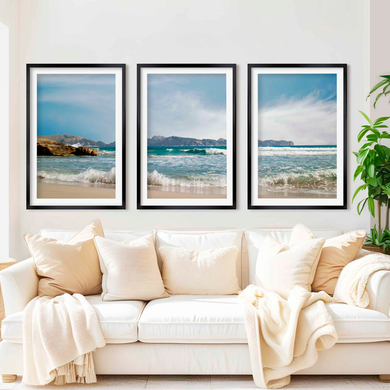 Triple Wall Art – Coastal Waves and Island Horizon - Black Framed Poster with White Border - Artworksets