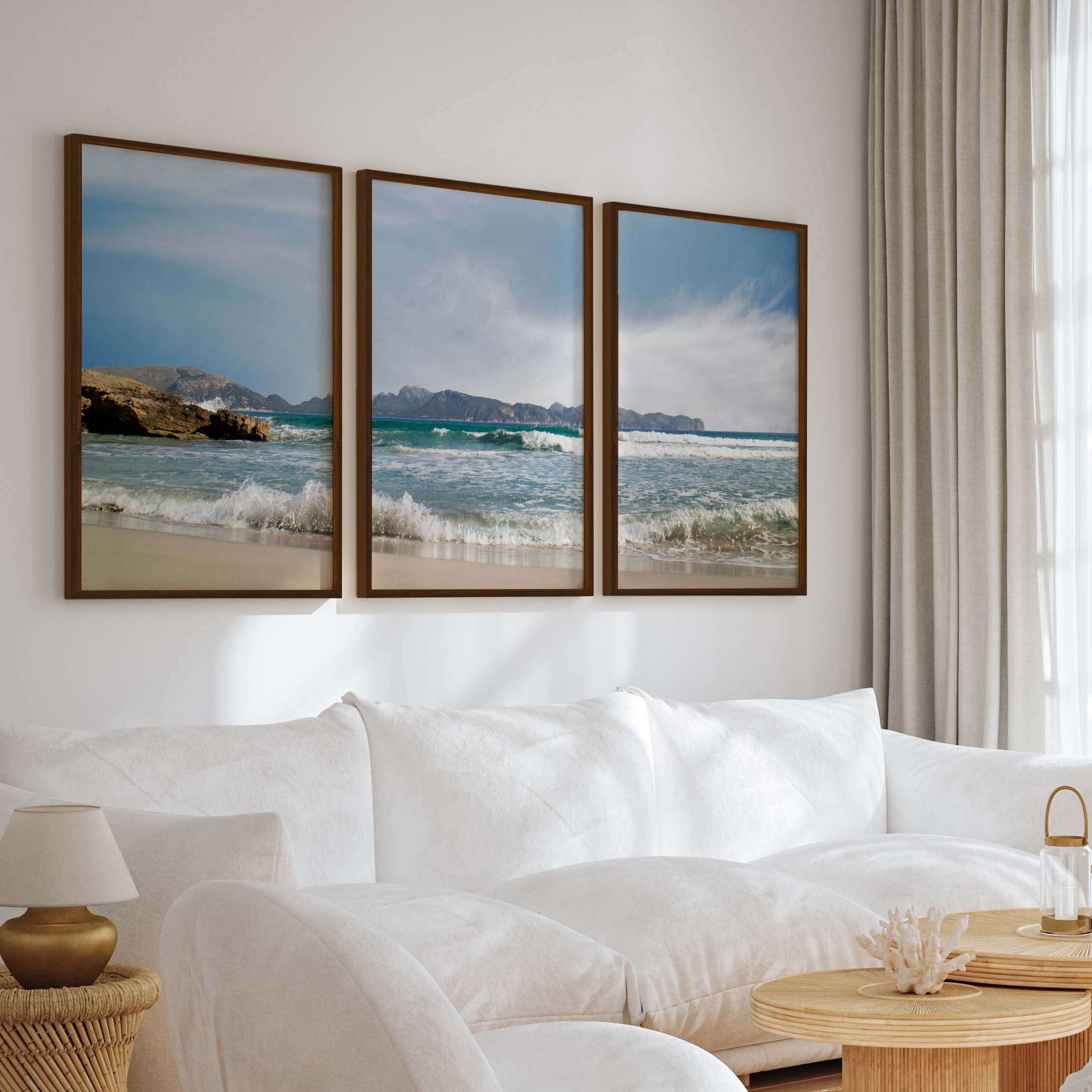 Triple Wall Art – Coastal Waves and Island Horizon - Dark Brown Framed Poster No Border - Artworksets