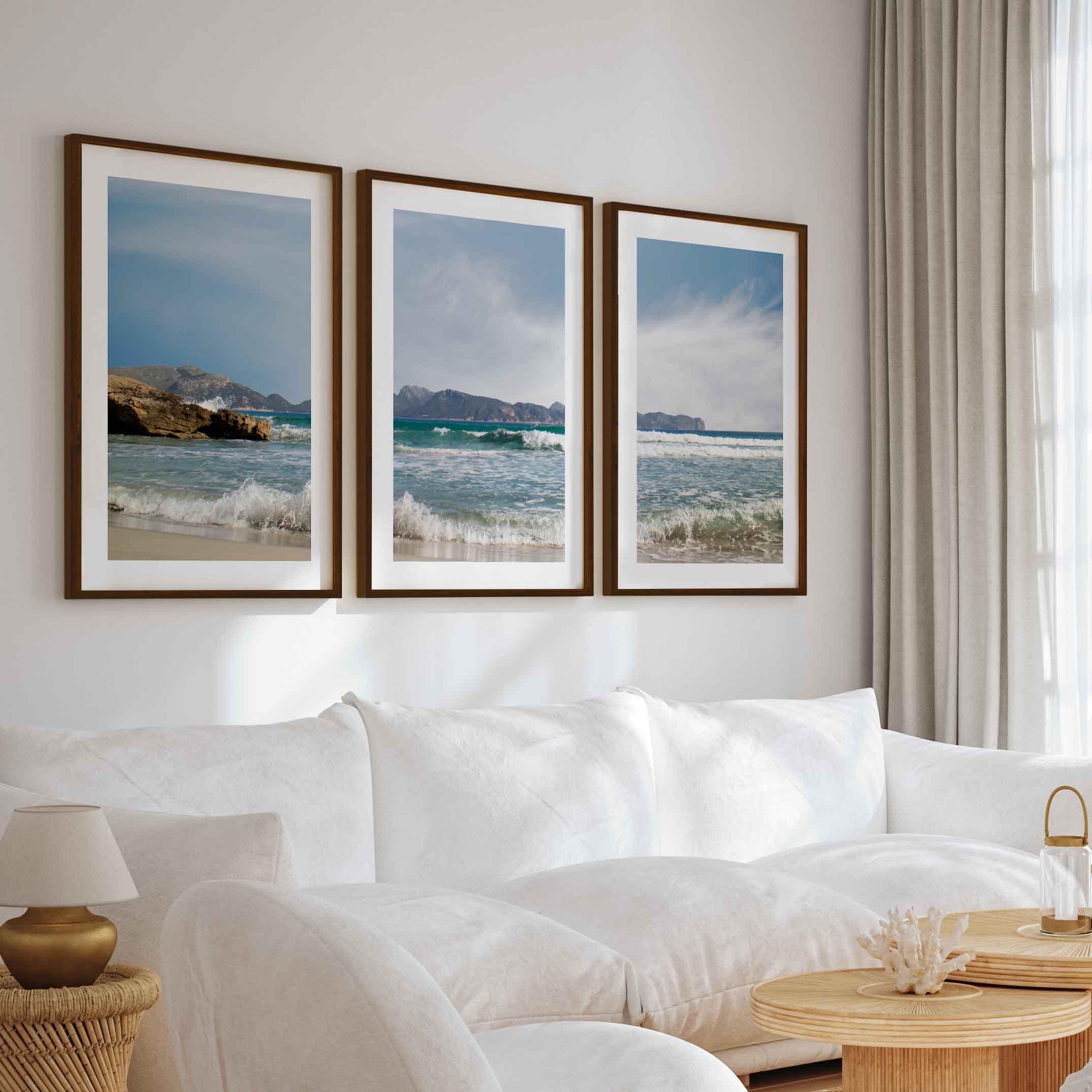 Triple Wall Art – Coastal Waves and Island Horizon - Dark Brown Framed Poster with White Border - Artworksets
