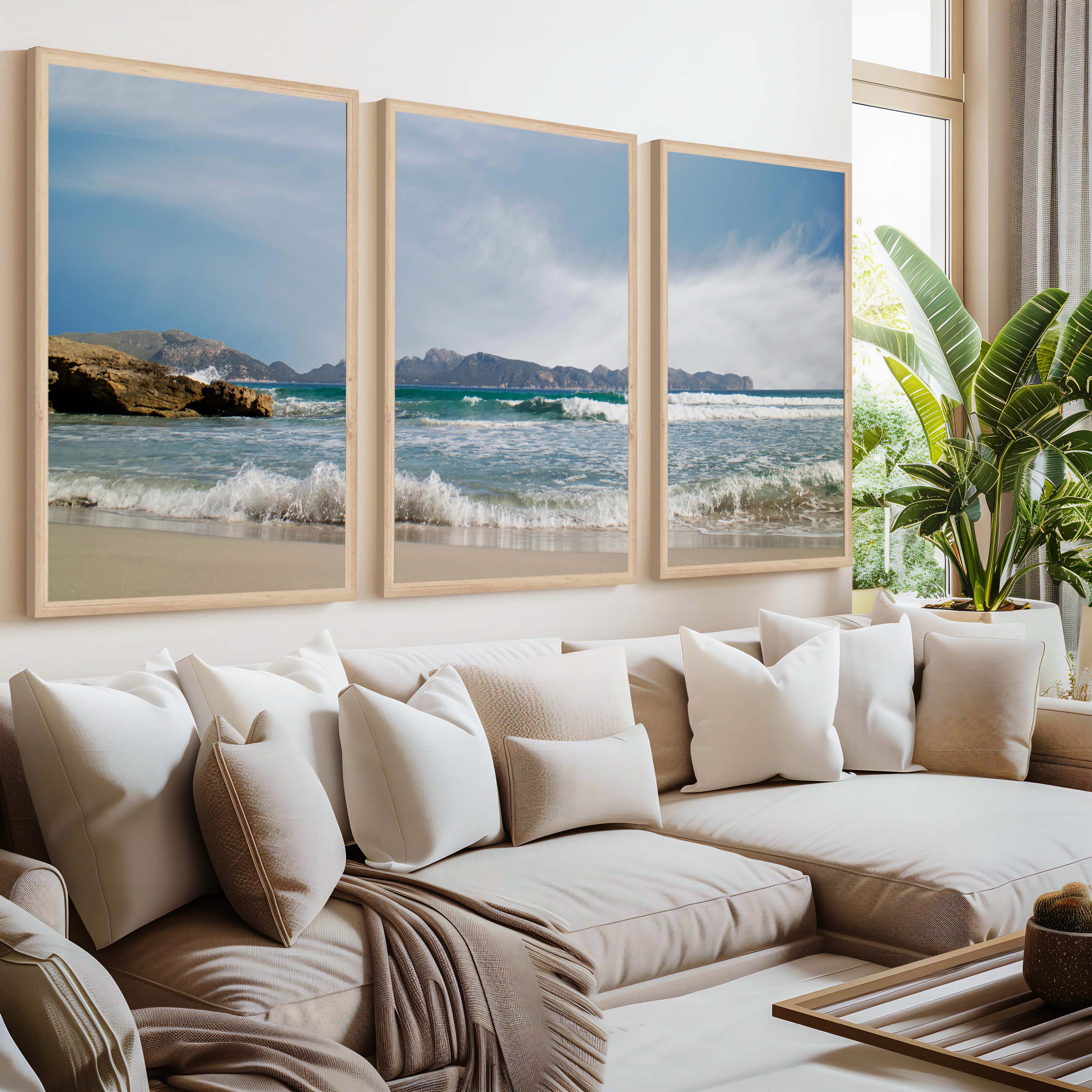 Triple Wall Art – Coastal Waves and Island Horizon - Natural Wood Framed Poster No Border - Artworksets