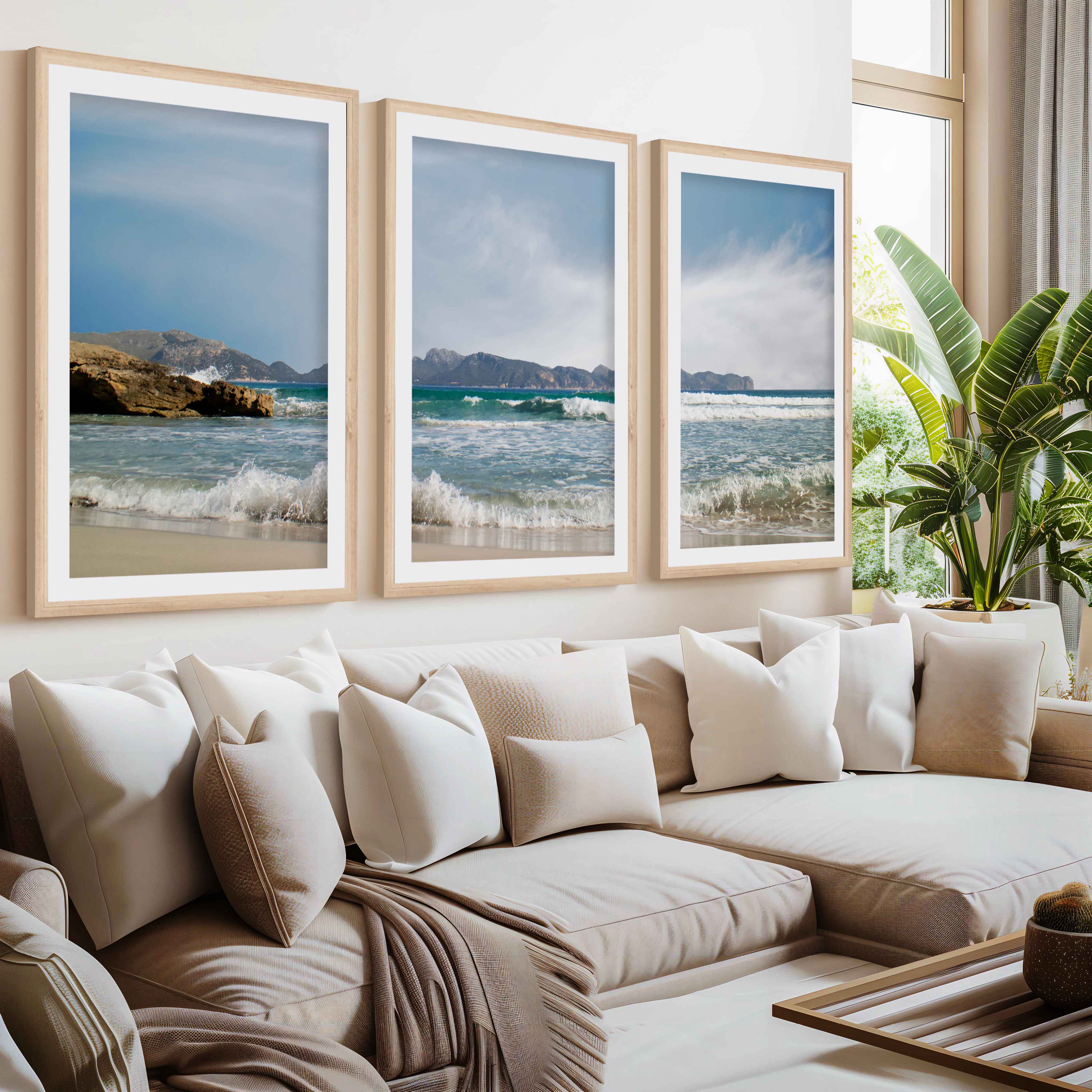 Triple Wall Art – Coastal Waves and Island Horizon- Natural Wood Framed Poster with White Border - Artworksets