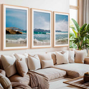 Triple Wall Art – Coastal Waves and Island Horizon- Natural Wood Framed Poster with White Border - Artworksets