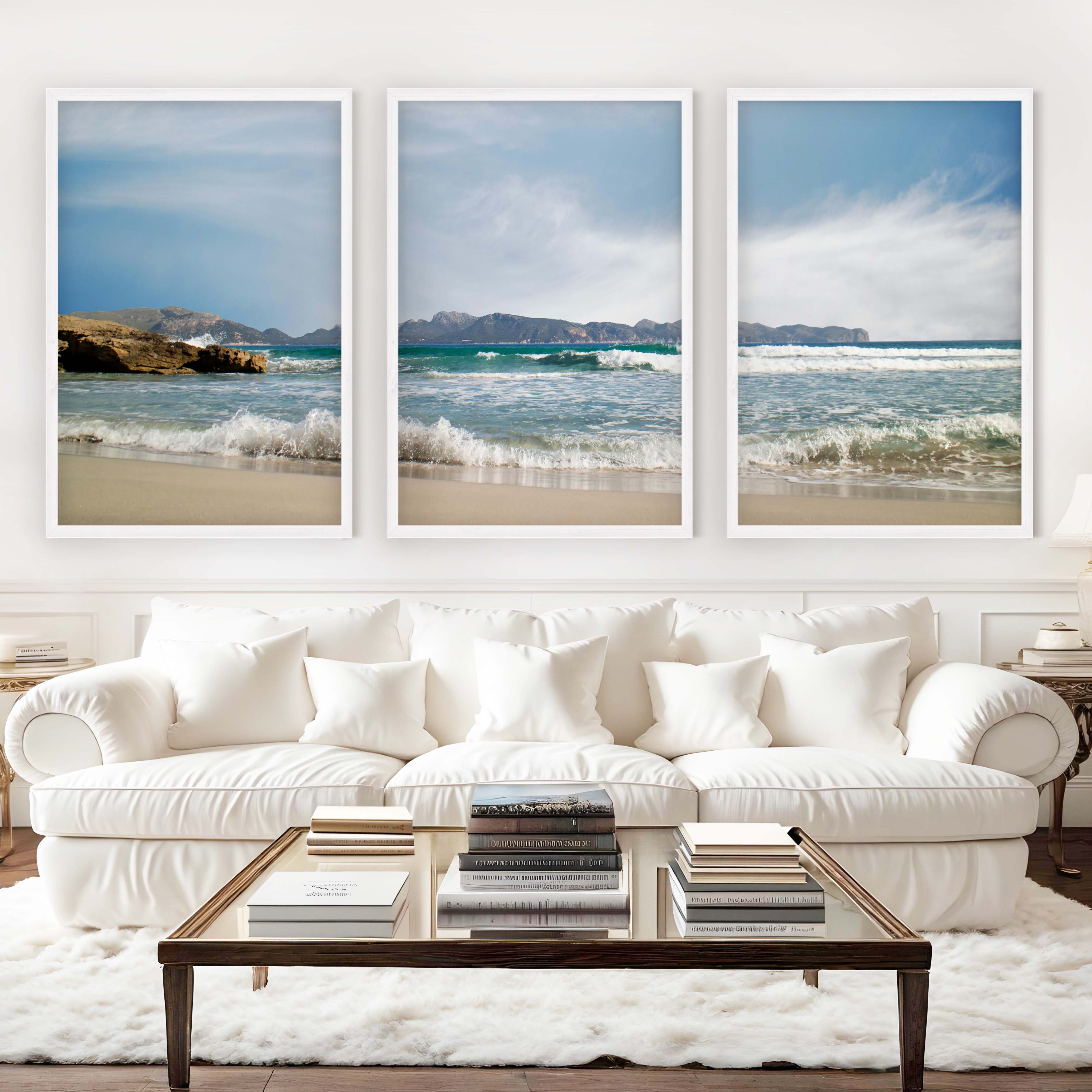 Triple Wall Art – Coastal Waves and Island Horizon - White Framed Poster No Border - Artworksets