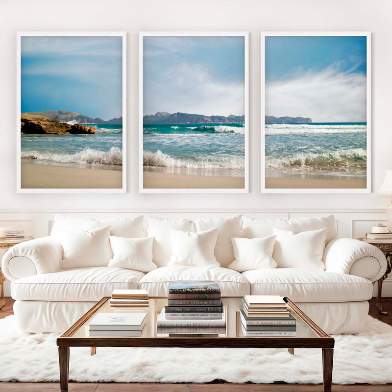 Triple Wall Art – Coastal Waves and Island Horizon - White Framed Poster No Border - Artworksets