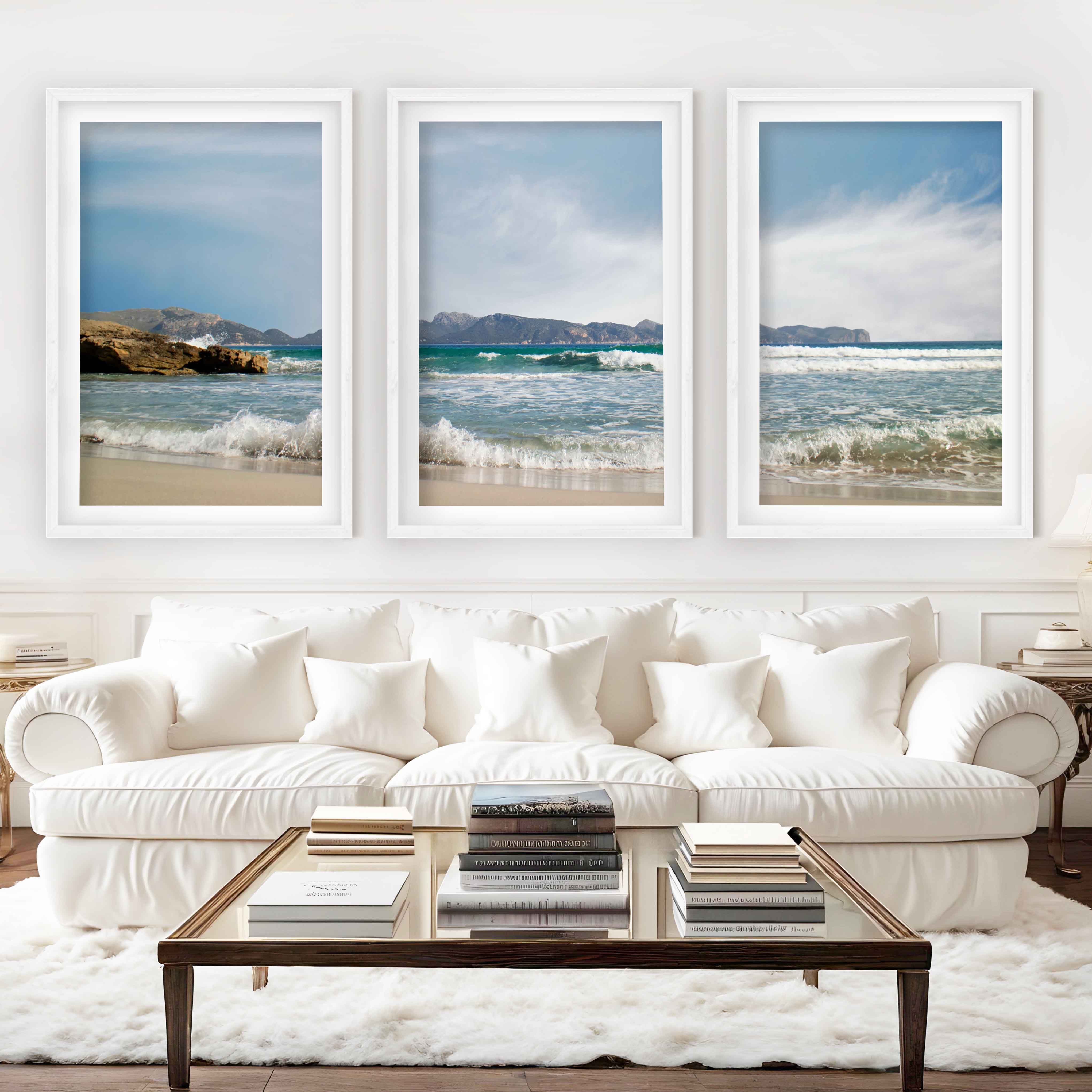 Triple Wall Art – Coastal Waves and Island Horizon - White Framed Poster with White Border - Artworksets