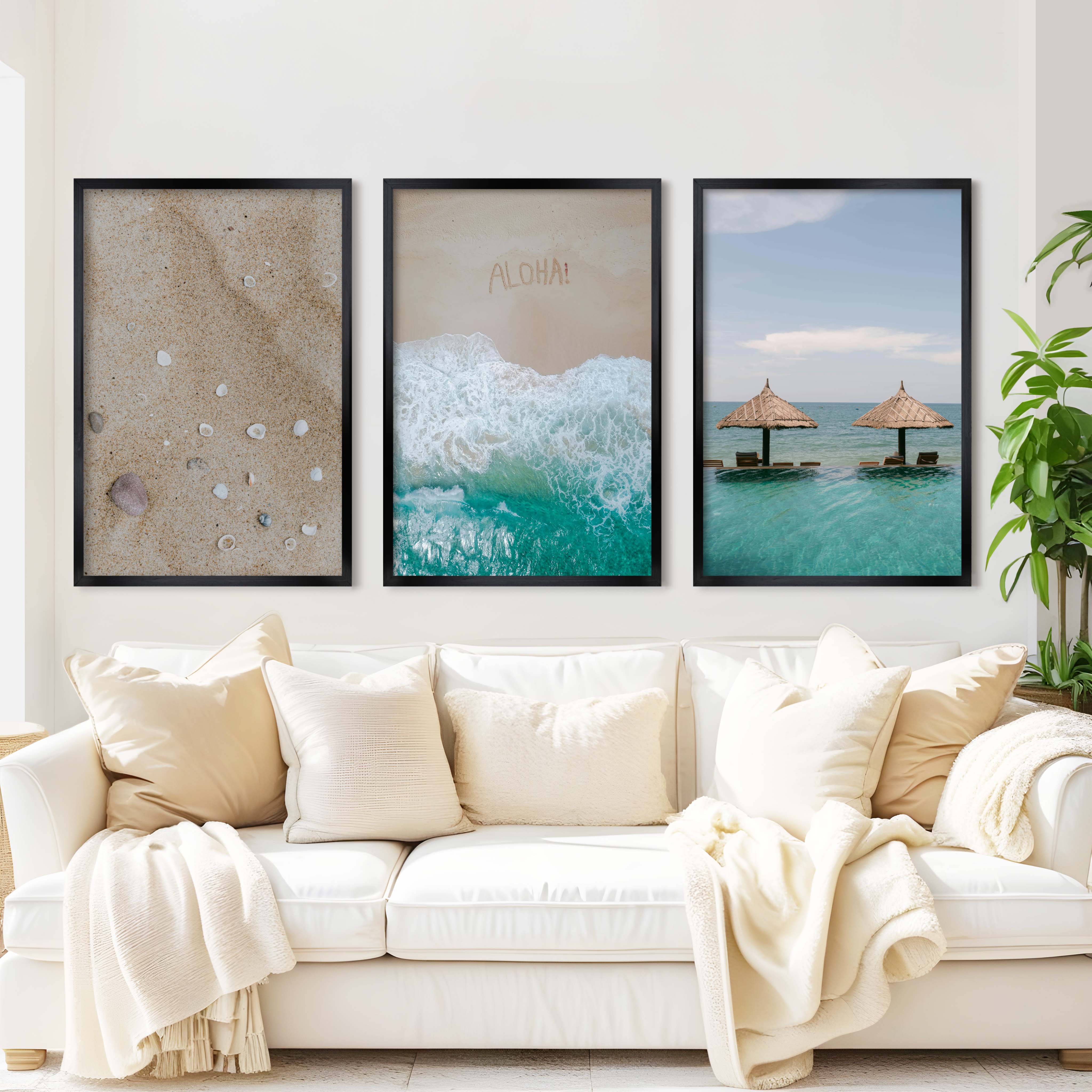 Tropical Beach Wall Art Set – Relaxing Coastal Print Trio - Black Framed Poster No Border - Artworksets