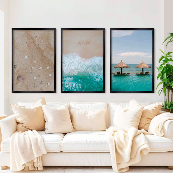 Tropical Beach Wall Art Set – Relaxing Coastal Print Trio - Black Framed Poster No Border - Artworksets