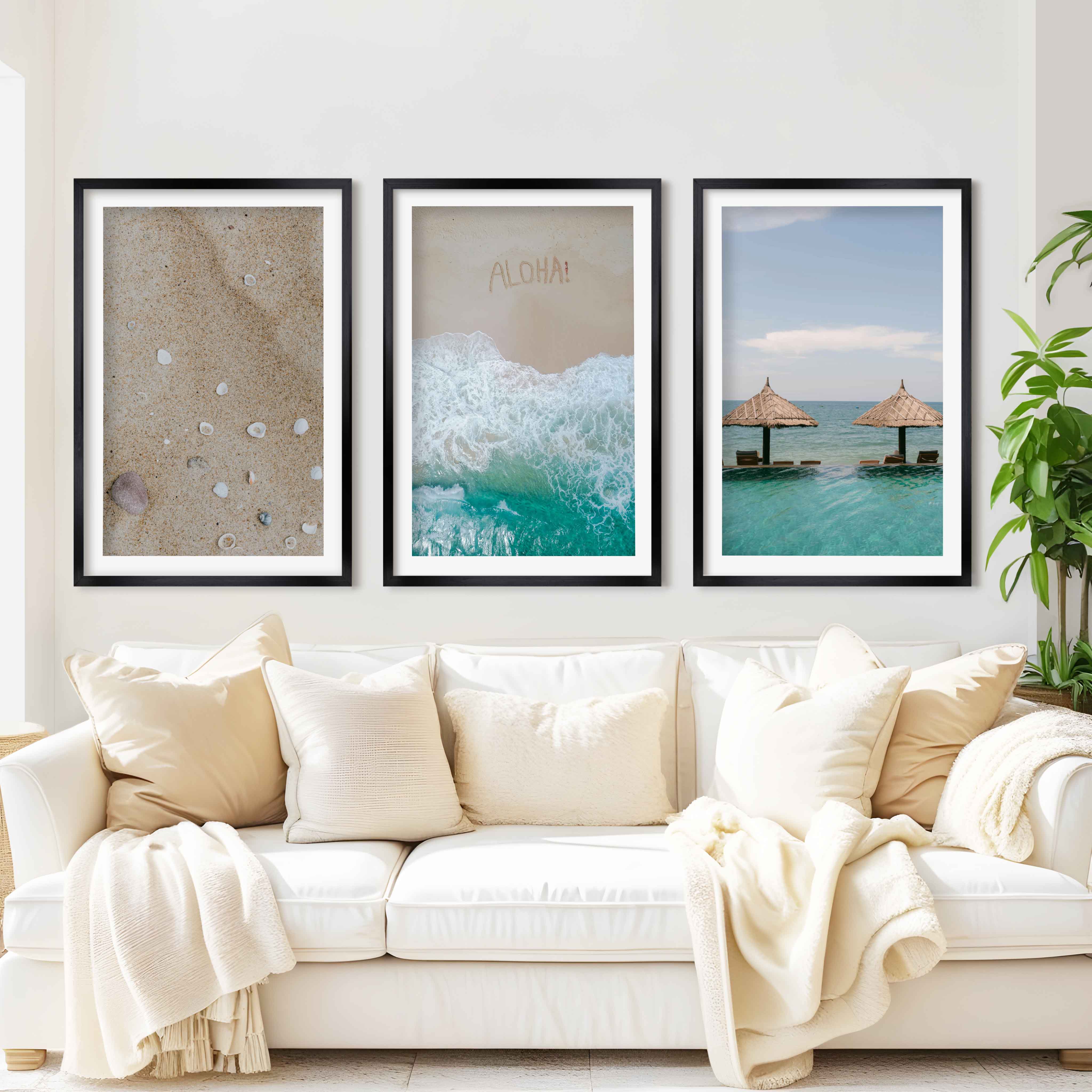 Tropical Beach Wall Art Set – Relaxing Coastal Print Trio - Black Framed Poster with White Border - Artworksets