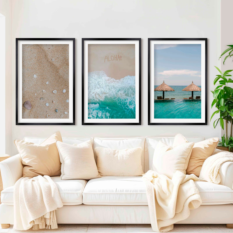 Tropical Beach Wall Art Set – Relaxing Coastal Print Trio - Black Framed Poster with White Border - Artworksets