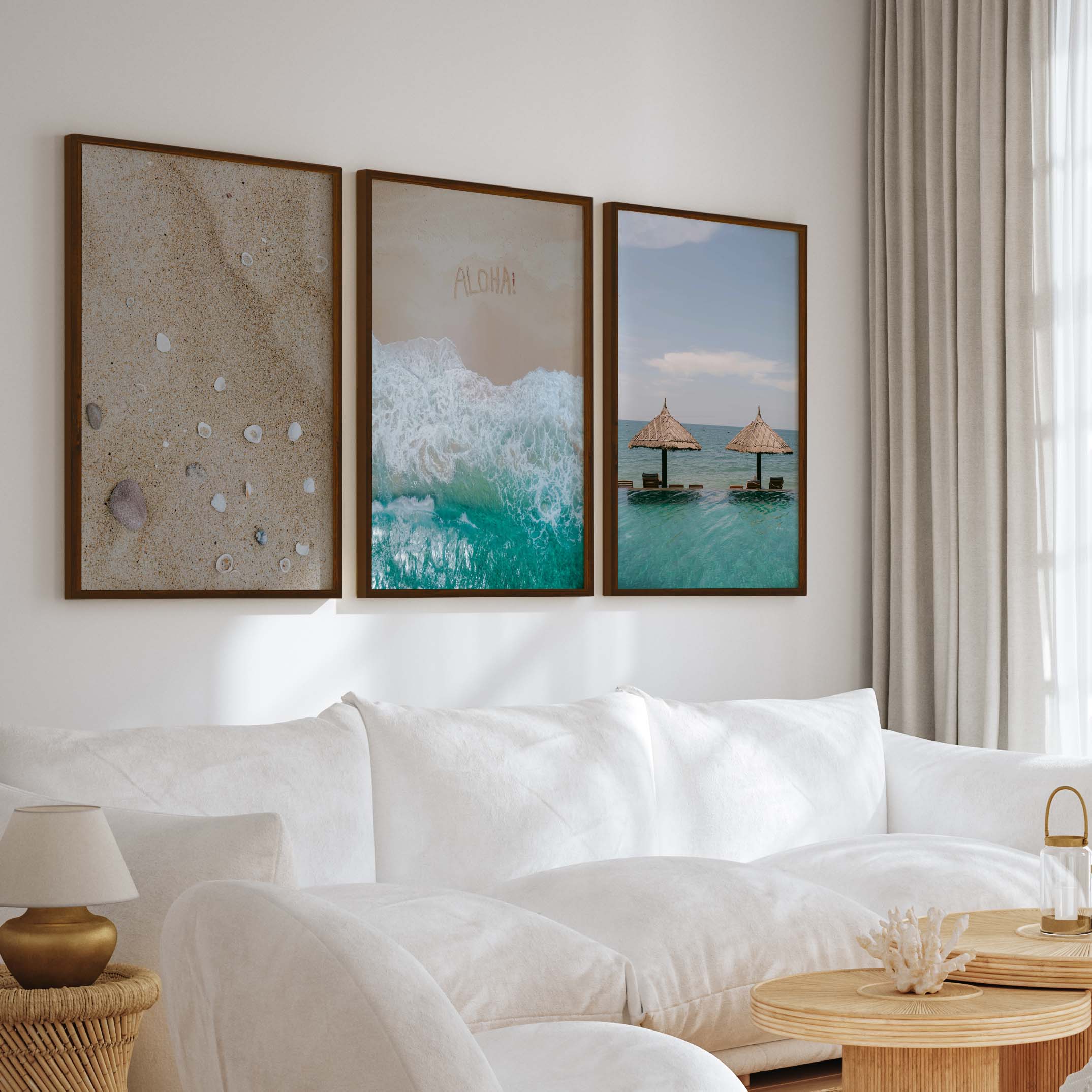 Tropical Beach Wall Art Set – Relaxing Coastal Print Trio - Dark Brown Framed Poster No Border - Artworksets