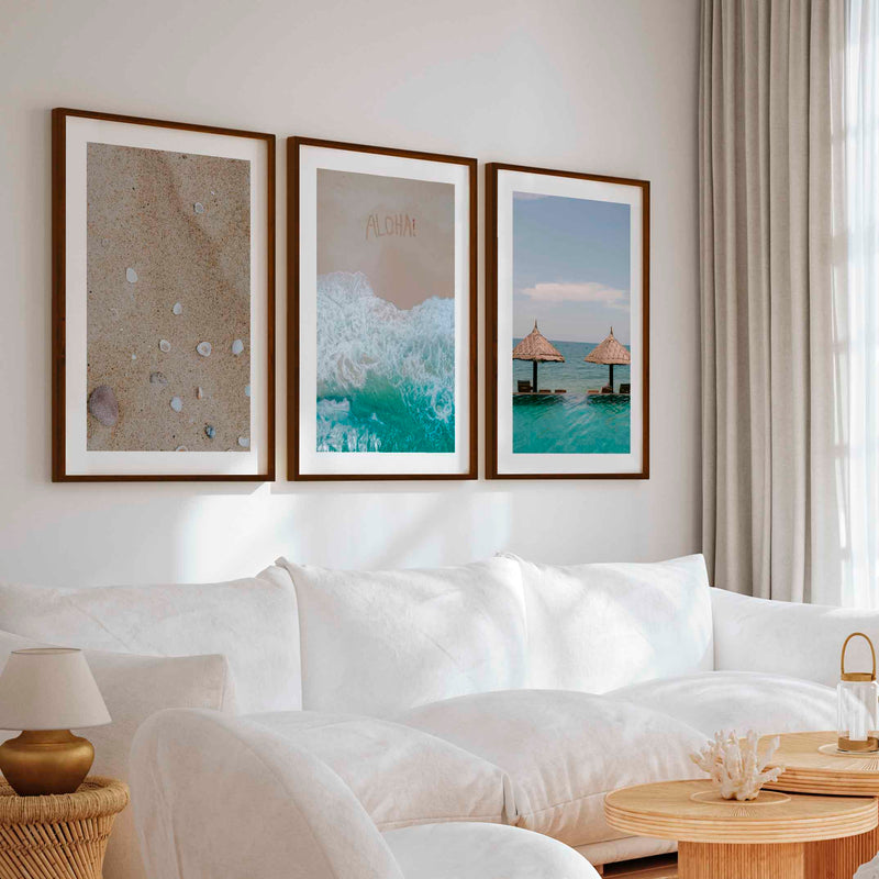 Tropical Beach Wall Art Set – Relaxing Coastal Print Trio - Dark Brown Framed Poster with White Border - Artworksets