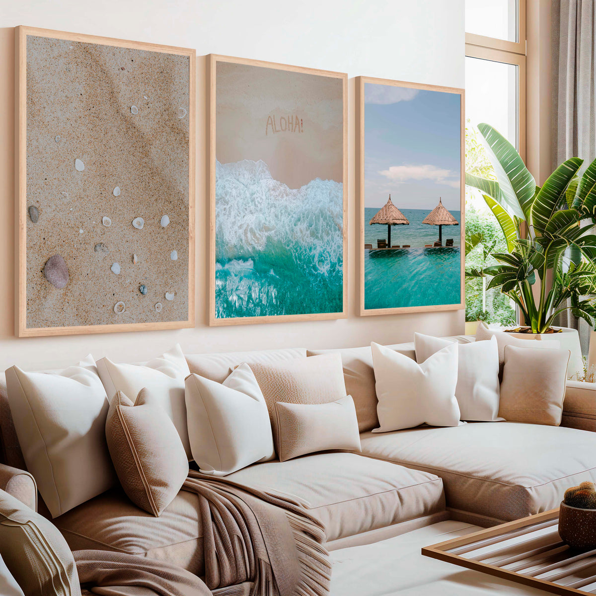 Tropical Beach Wall Art Set – Relaxing Coastal Print Trio - Natural Wood Framed Poster No Border - Artworksets