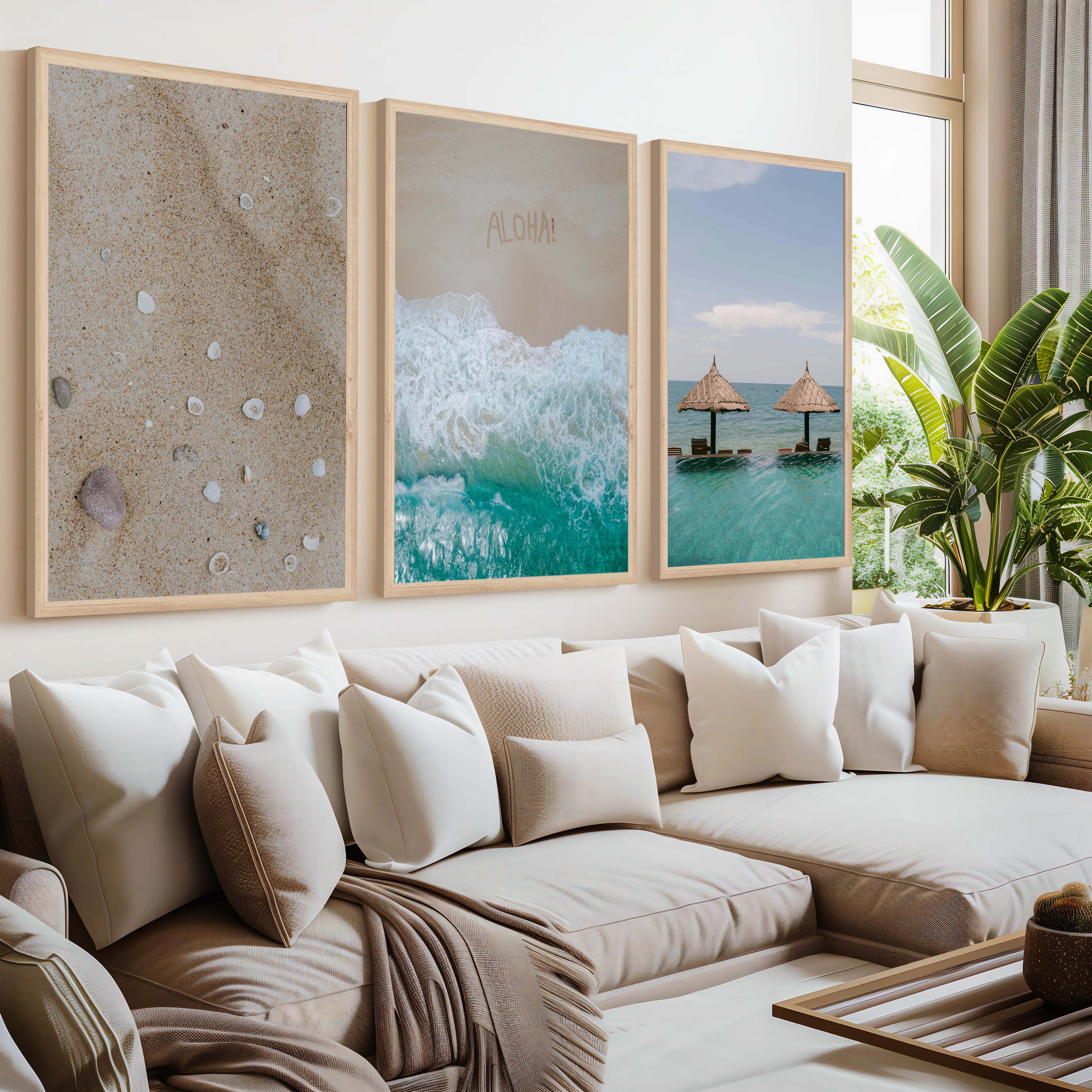 Tropical Beach Wall Art Set – Relaxing Coastal Print Trio - Natural Wood Framed Poster No Border - Artworksets