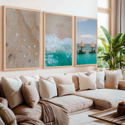Tropical Beach Wall Art Set – Relaxing Coastal Print Trio - Natural Wood Framed Poster No Border - Artworksets